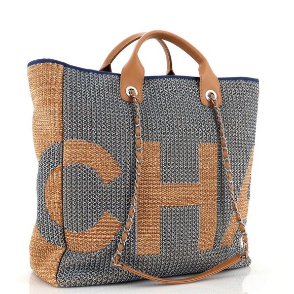 Chanel Deauville Logo Shopping Tote Printed Raffia Large Blue, Neutral - Picture 3 of 7